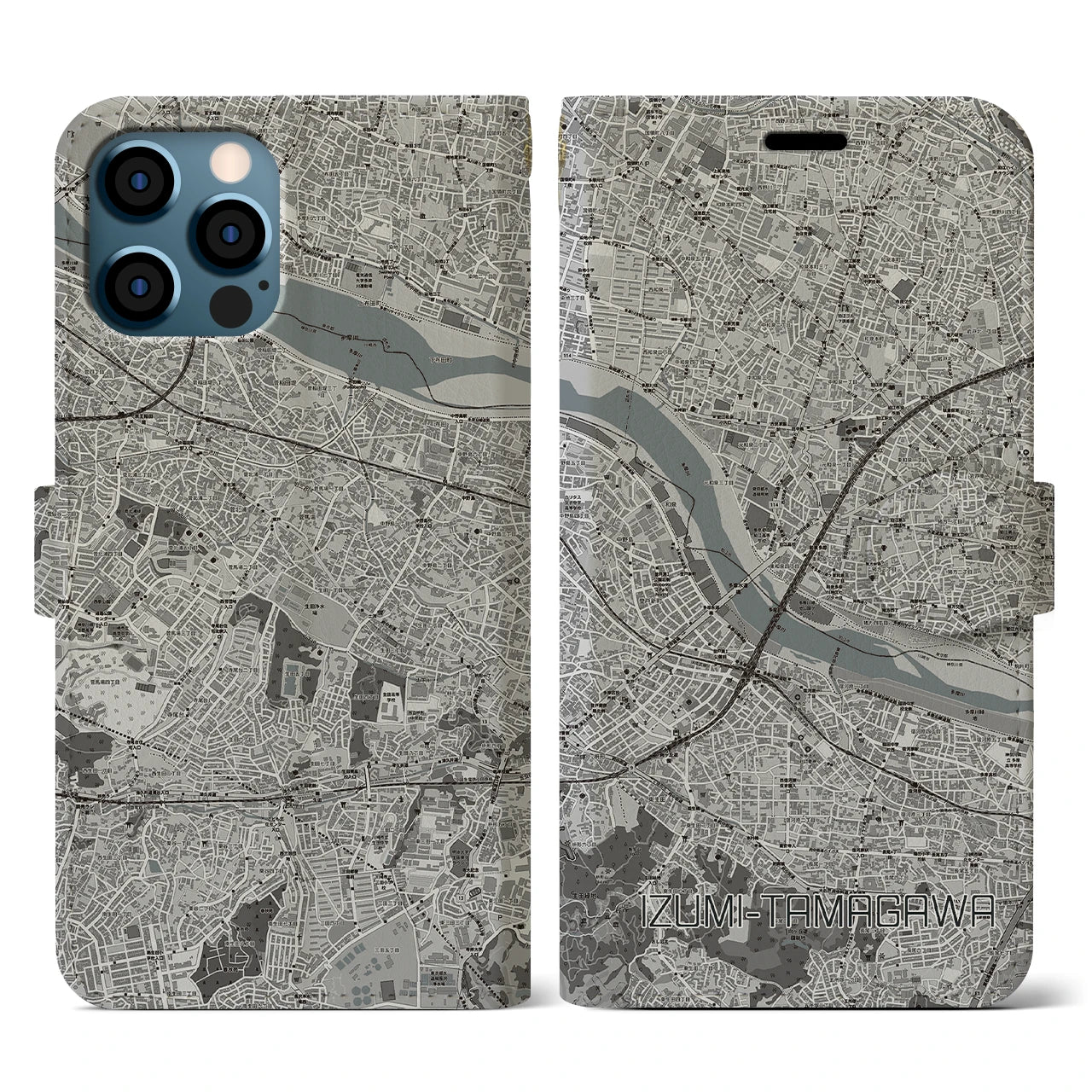 【和泉多摩川(東京都)】地図柄iPhoneケース(手帳タイプ)モノトーン・iPhone 12 / 12 Pro 用