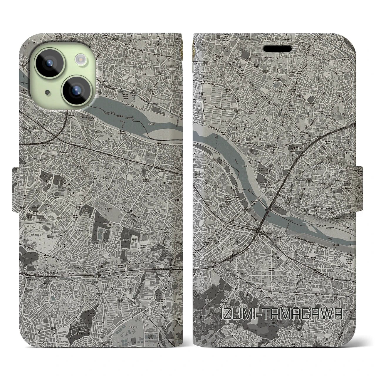 【和泉多摩川(東京都)】地図柄iPhoneケース(手帳タイプ)モノトーン・iPhone 15 用