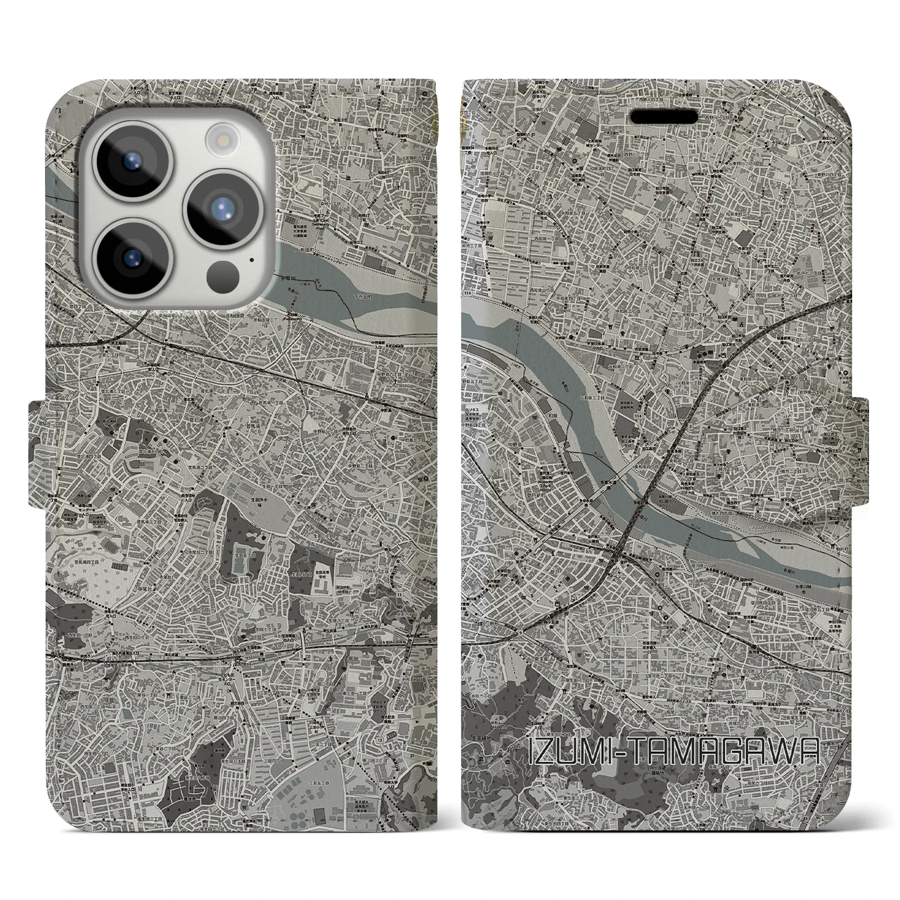 【和泉多摩川(東京都)】地図柄iPhoneケース(手帳タイプ)モノトーン・iPhone 15 Pro 用