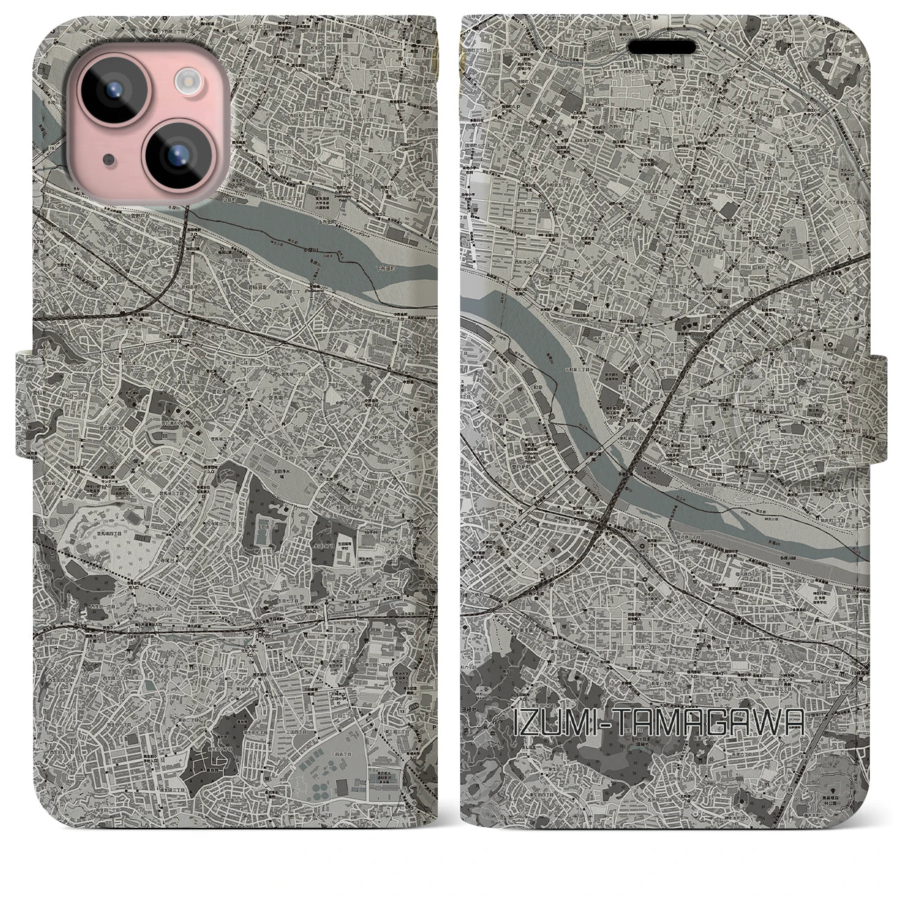 【和泉多摩川(東京都)】地図柄iPhoneケース(手帳タイプ)モノトーン・iPhone 15 Plus 用