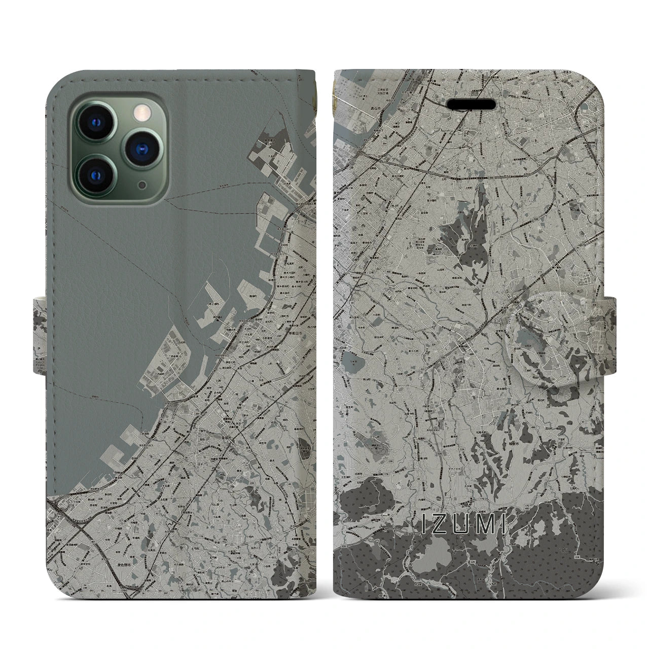 【和泉(大阪府)】地図柄iPhoneケース(手帳タイプ)モノトーン・iPhone 11 Pro 用