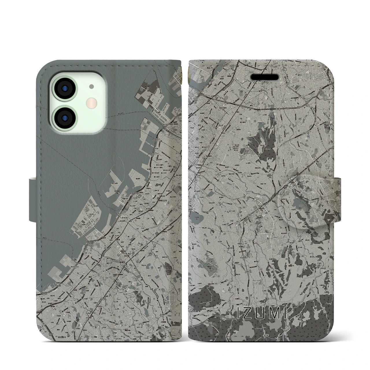 【和泉(大阪府)】地図柄iPhoneケース(手帳タイプ)モノトーン・iPhone 12 mini 用