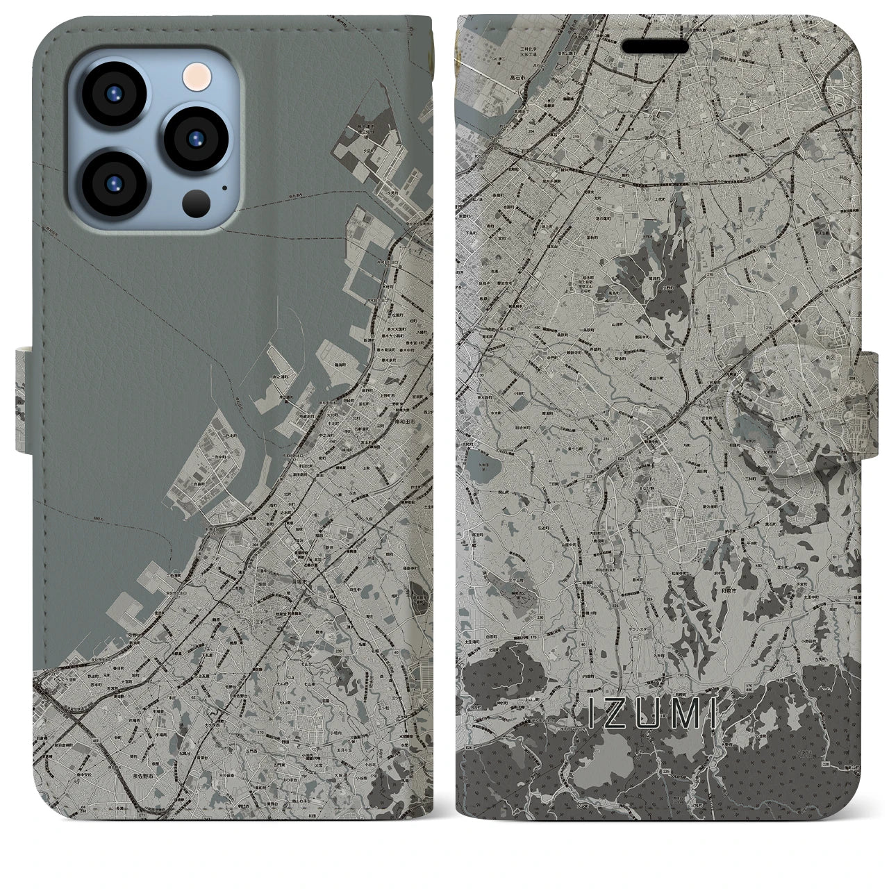 【和泉(大阪府)】地図柄iPhoneケース(手帳タイプ)モノトーン・iPhone 13 Pro Max 用