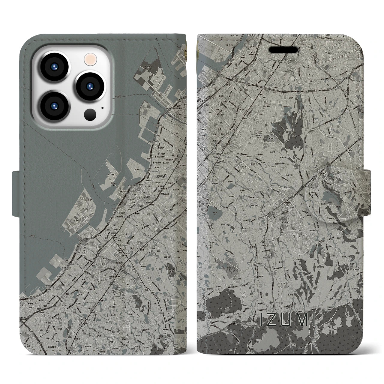 【和泉(大阪府)】地図柄iPhoneケース(手帳タイプ)モノトーン・iPhone 13 Pro 用