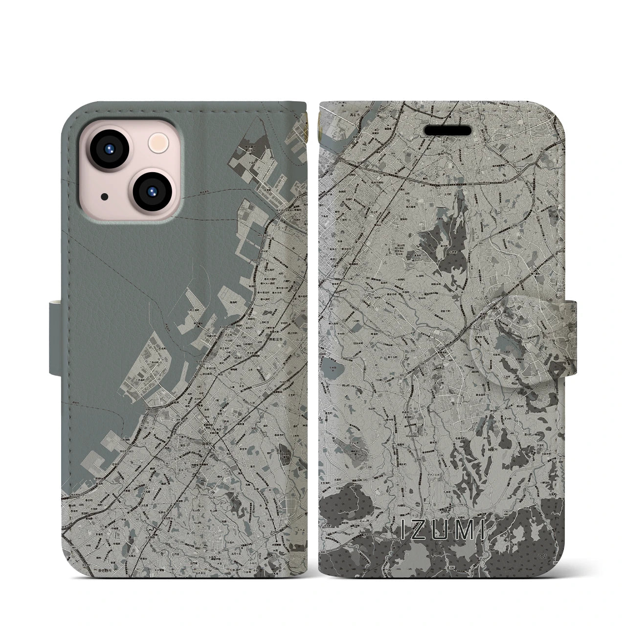 【和泉(大阪府)】地図柄iPhoneケース(手帳タイプ)モノトーン・iPhone 13 mini 用