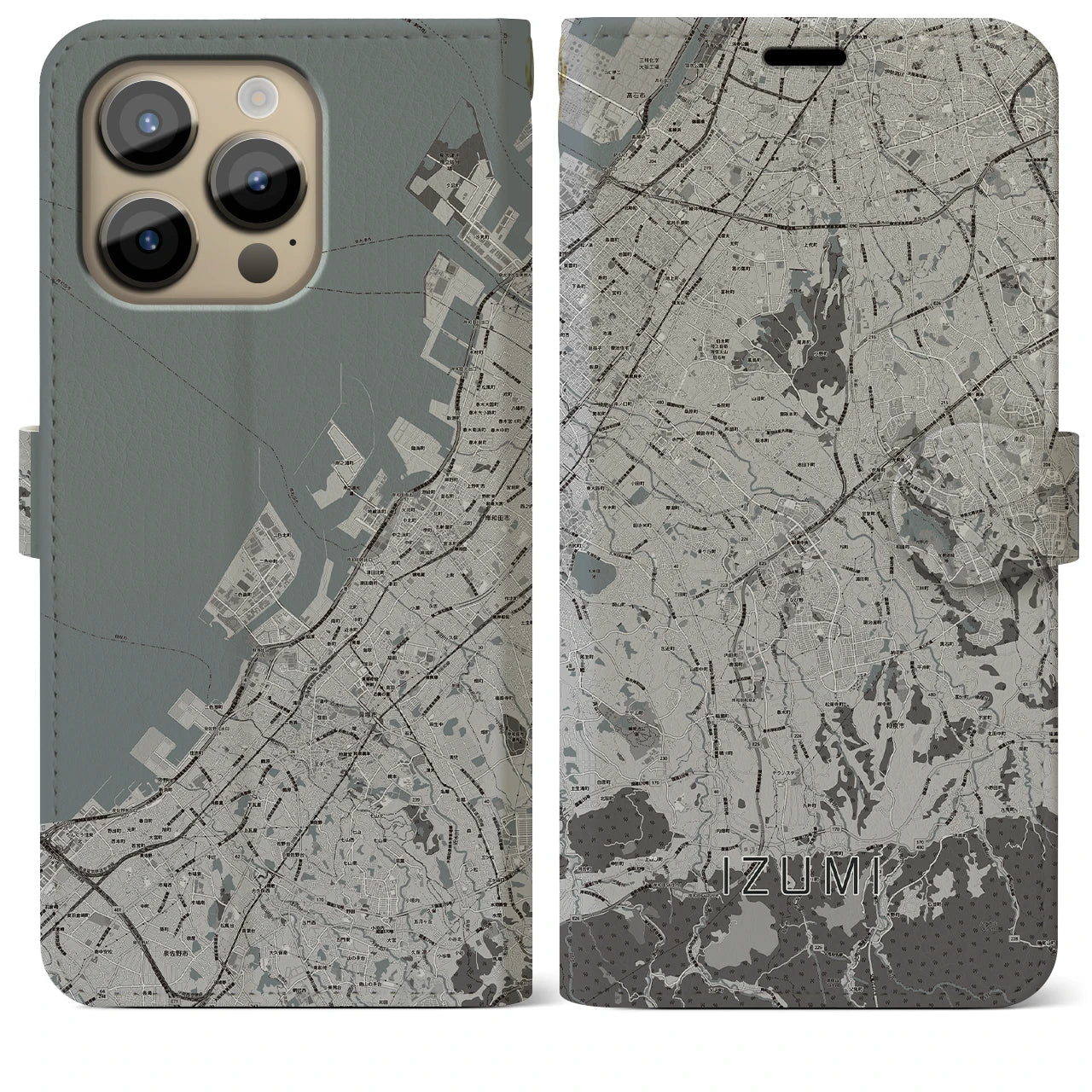 【和泉(大阪府)】地図柄iPhoneケース(手帳タイプ)モノトーン・iPhone 14 Pro Max 用