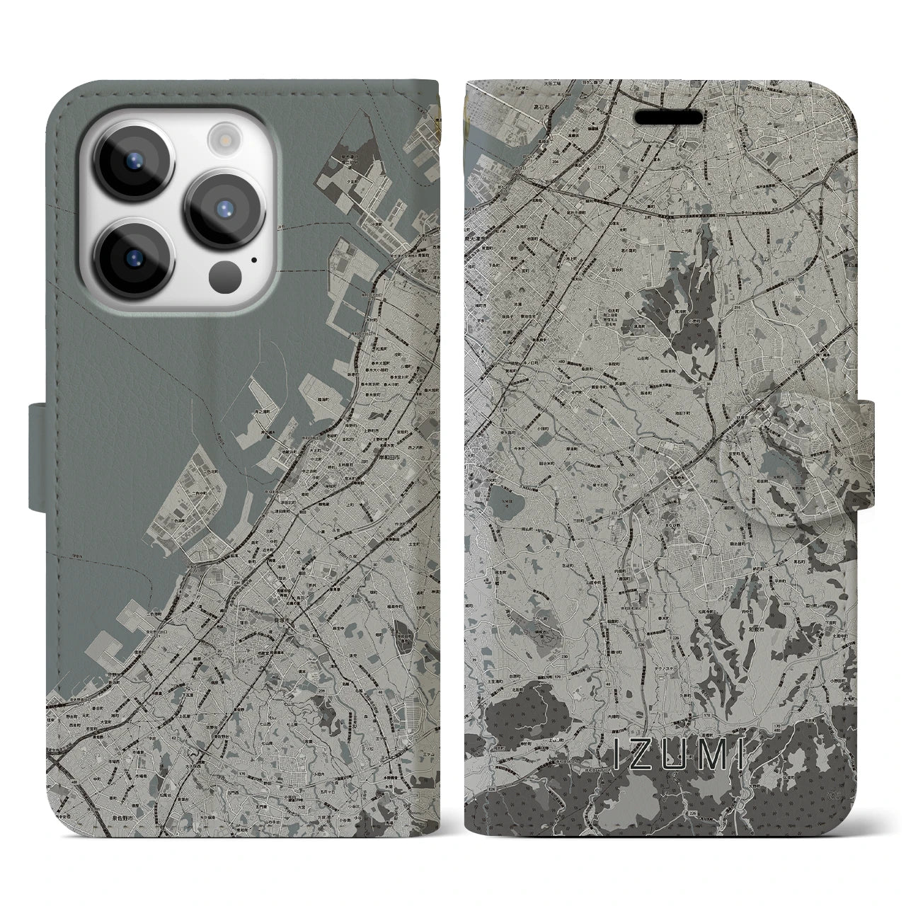 【和泉(大阪府)】地図柄iPhoneケース(手帳タイプ)モノトーン・iPhone 14 Pro 用