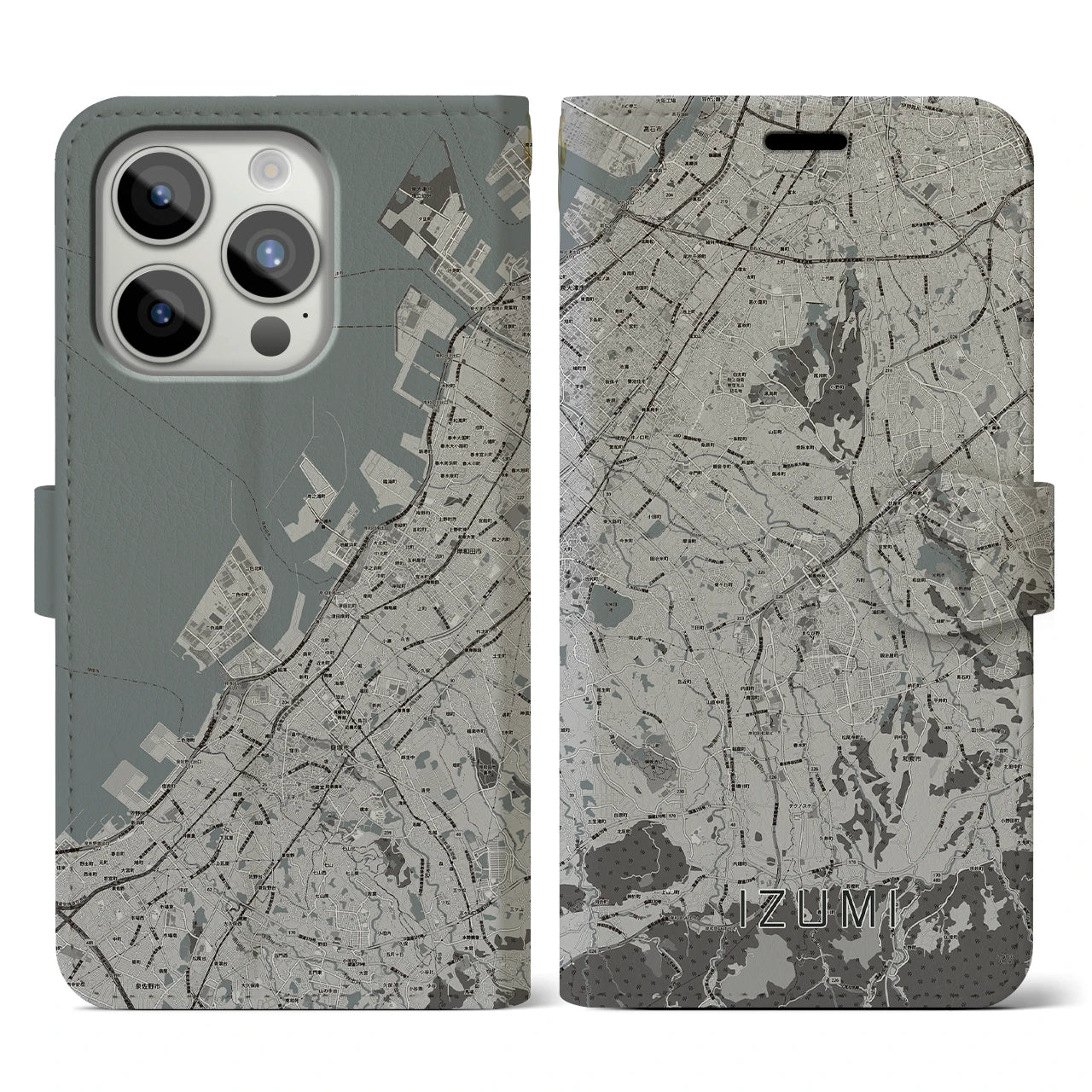 【和泉(大阪府)】地図柄iPhoneケース(手帳タイプ)モノトーン・iPhone 15 Pro 用