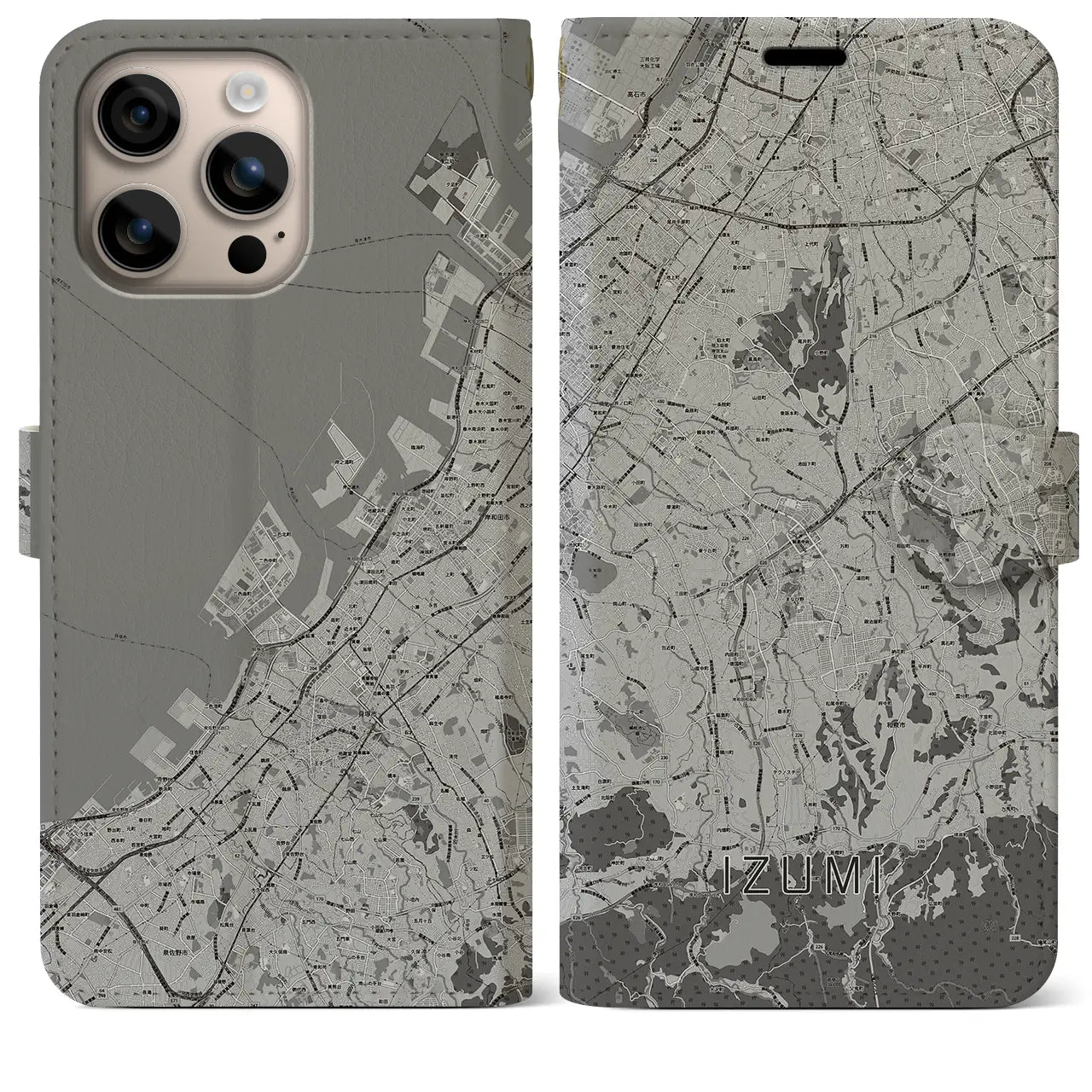 【和泉(大阪府)】地図柄iPhoneケース(手帳タイプ)モノトーン・iPhone 16 Plus 用