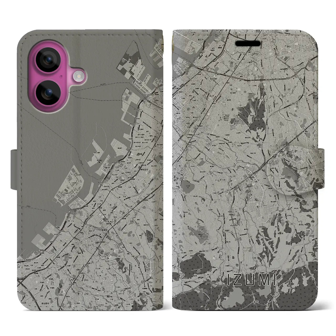 【和泉(大阪府)】地図柄iPhoneケース(手帳タイプ)モノトーン・iPhone 16 Pro 用