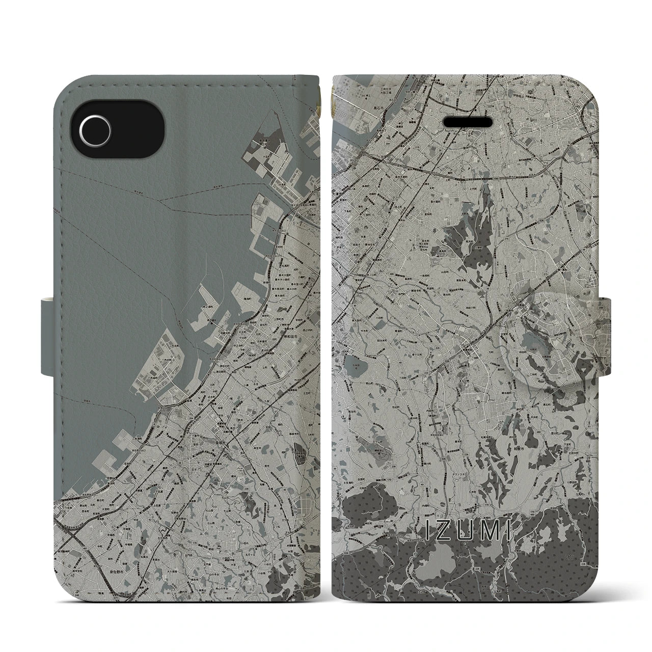 【和泉(大阪府)】地図柄iPhoneケース(手帳タイプ)モノトーン・iPhone SE(第3 / 第2世代) / 8 / 7 / 6s / 6 用