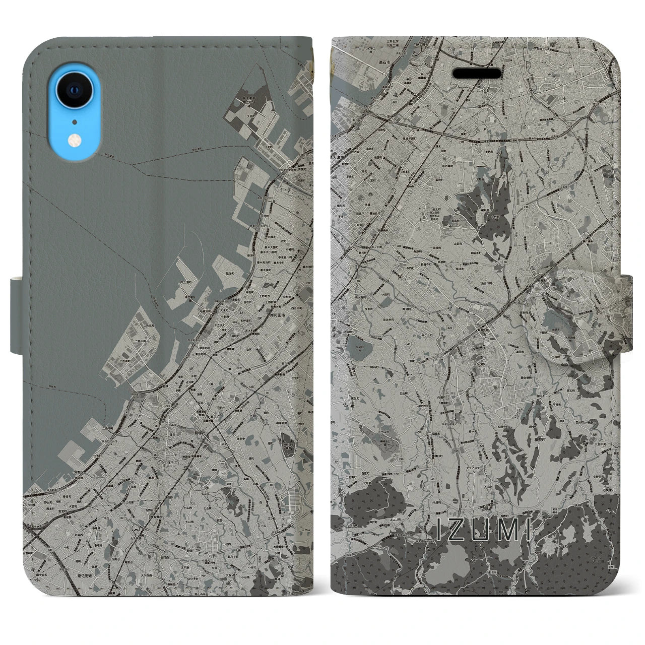 【和泉(大阪府)】地図柄iPhoneケース(手帳タイプ)モノトーン・iPhone XR 用