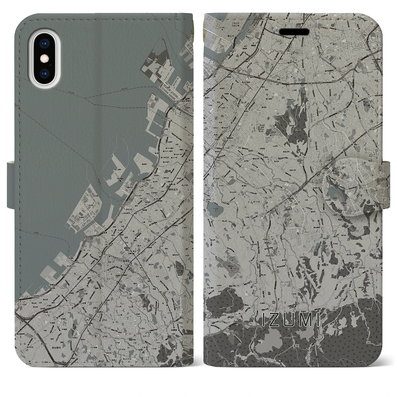 【和泉(大阪府)】地図柄iPhoneケース(手帳タイプ)モノトーン・iPhone XS Max 用