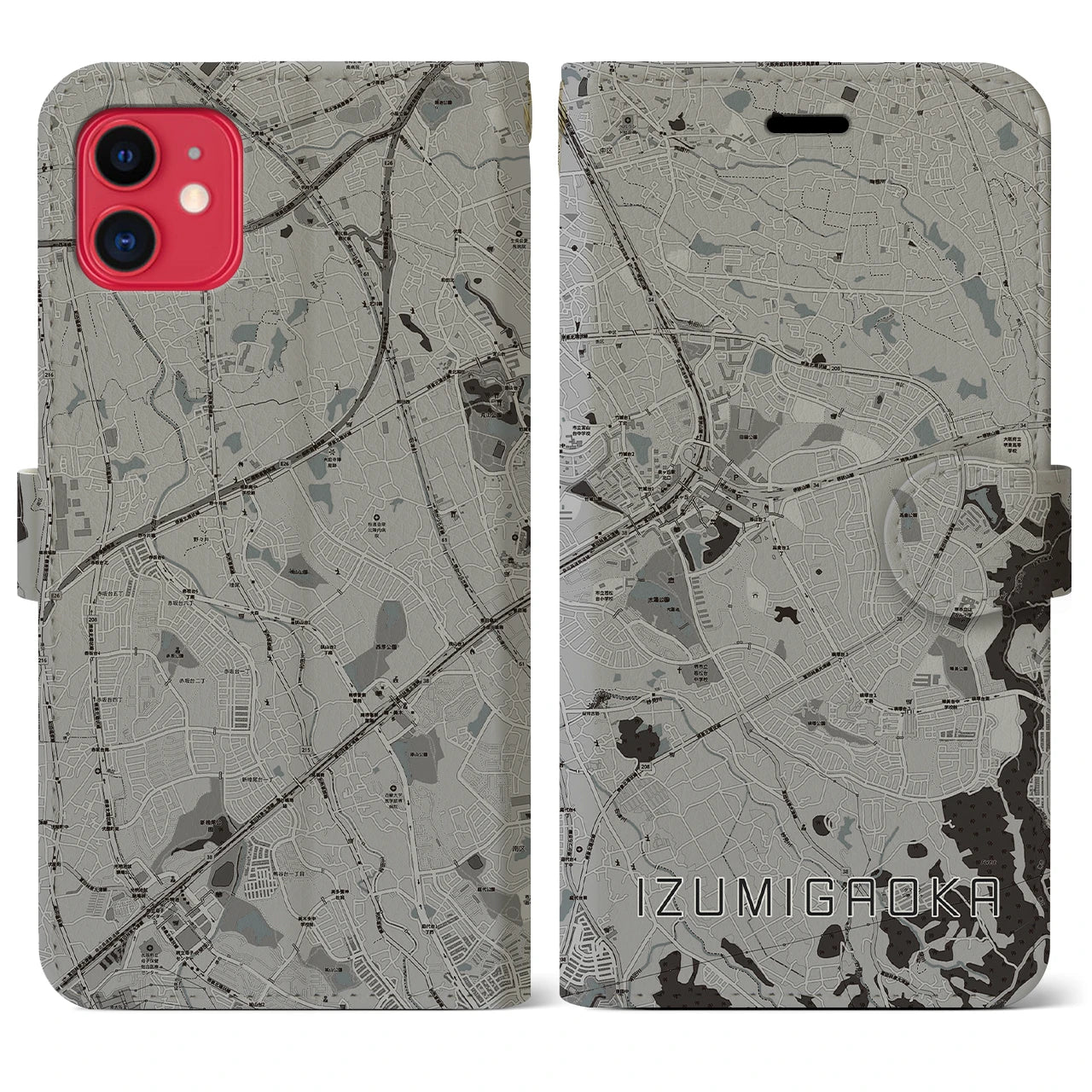 【泉ケ丘(大阪府)】地図柄iPhoneケース(手帳タイプ)モノトーン・iPhone 11 用