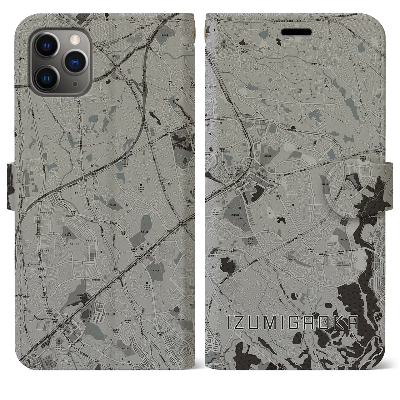 【泉ケ丘(大阪府)】地図柄iPhoneケース(手帳タイプ)モノトーン・iPhone 11 Pro Max 用