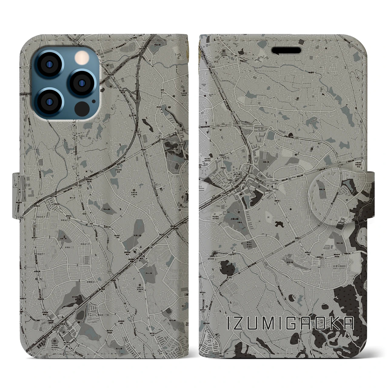 【泉ケ丘(大阪府)】地図柄iPhoneケース(手帳タイプ)モノトーン・iPhone 12 / 12 Pro 用