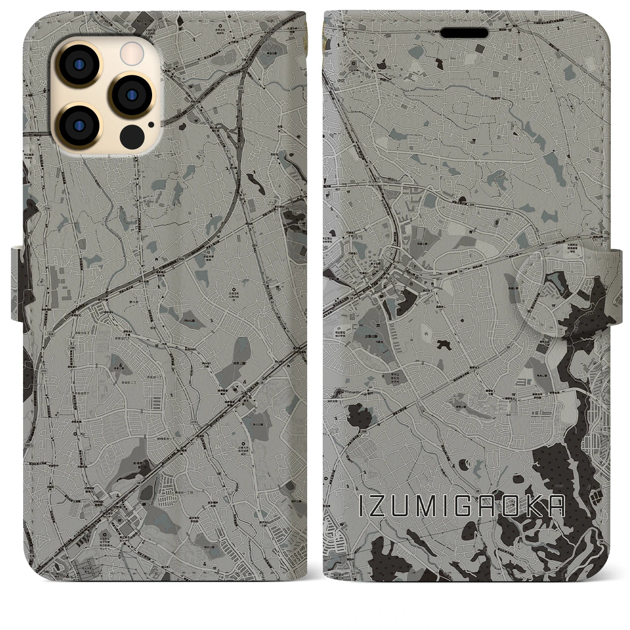 【泉ケ丘(大阪府)】地図柄iPhoneケース(手帳タイプ)モノトーン・iPhone 12 Pro Max 用