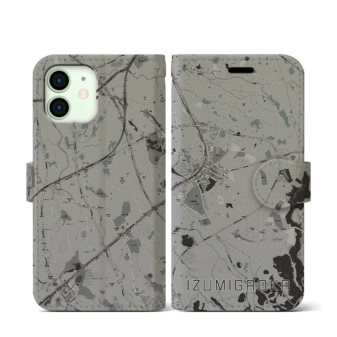 【泉ケ丘(大阪府)】地図柄iPhoneケース(手帳タイプ)モノトーン・iPhone 12 mini 用