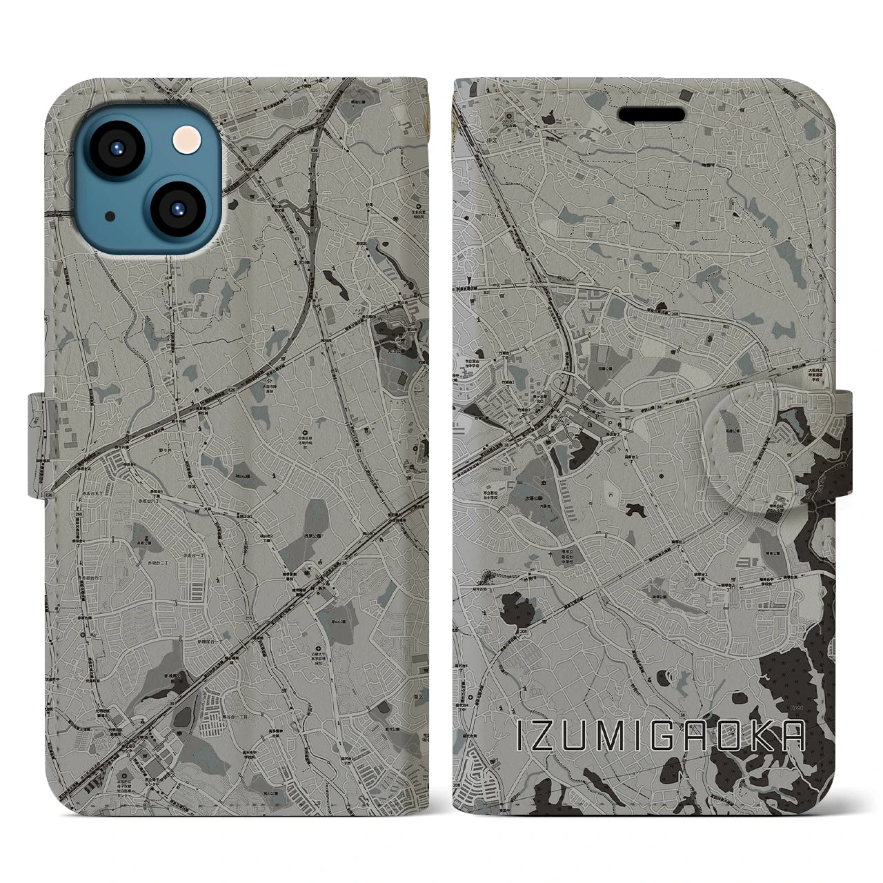 【泉ケ丘(大阪府)】地図柄iPhoneケース(手帳タイプ)モノトーン・iPhone 13 用