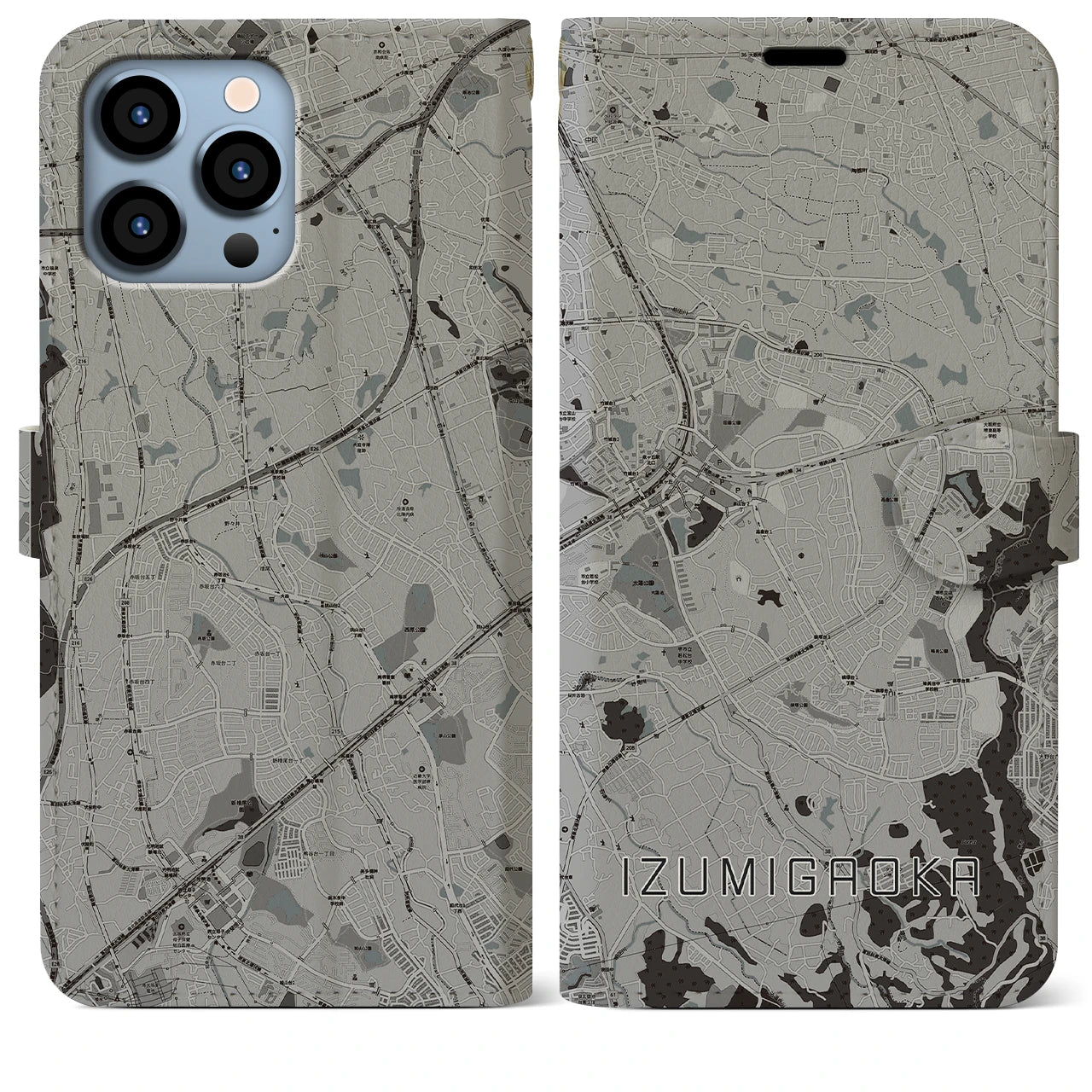【泉ケ丘(大阪府)】地図柄iPhoneケース(手帳タイプ)モノトーン・iPhone 13 Pro Max 用