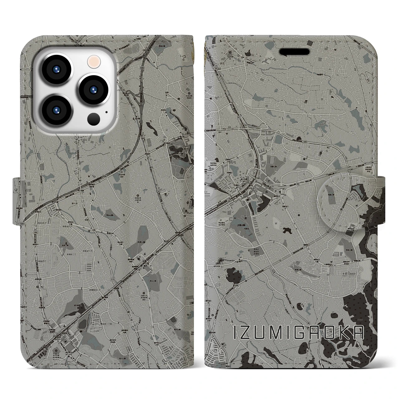 【泉ケ丘(大阪府)】地図柄iPhoneケース(手帳タイプ)モノトーン・iPhone 13 Pro 用