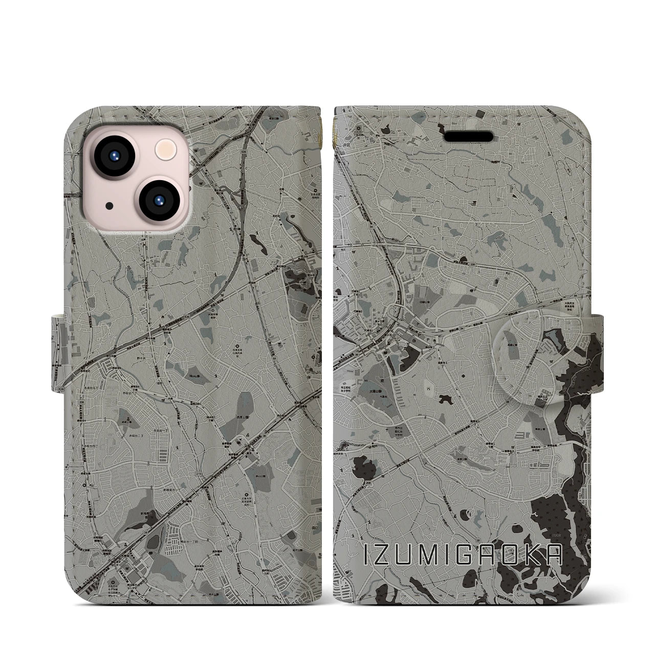 【泉ケ丘(大阪府)】地図柄iPhoneケース(手帳タイプ)モノトーン・iPhone 13 mini 用