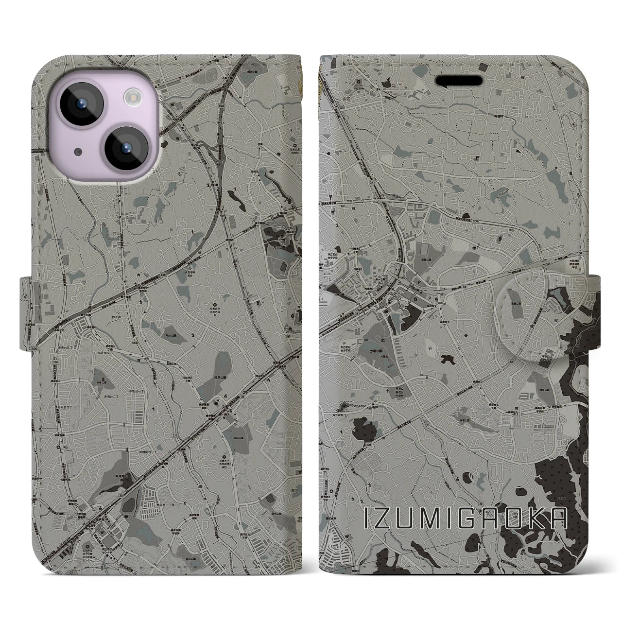 【泉ケ丘(大阪府)】地図柄iPhoneケース(手帳タイプ)モノトーン・iPhone 14 用