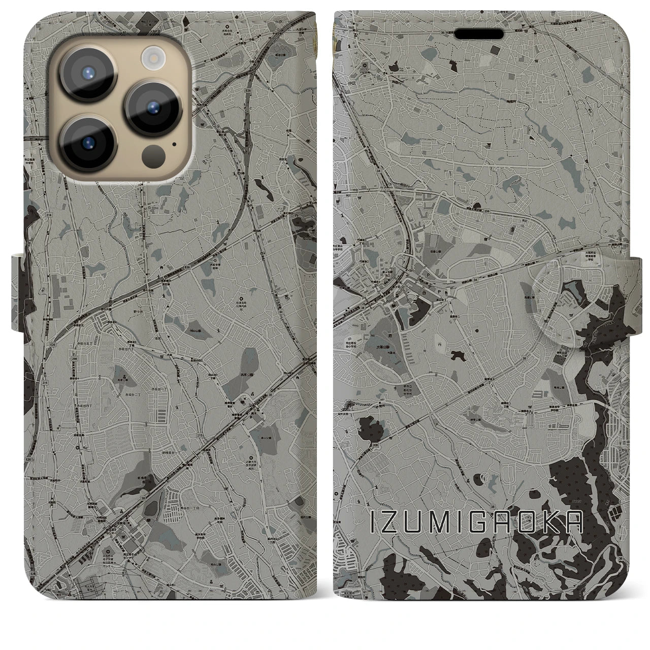 【泉ケ丘(大阪府)】地図柄iPhoneケース(手帳タイプ)モノトーン・iPhone 14 Pro Max 用