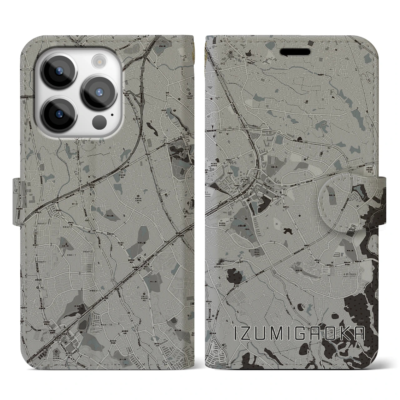 【泉ケ丘(大阪府)】地図柄iPhoneケース(手帳タイプ)モノトーン・iPhone 14 Pro 用