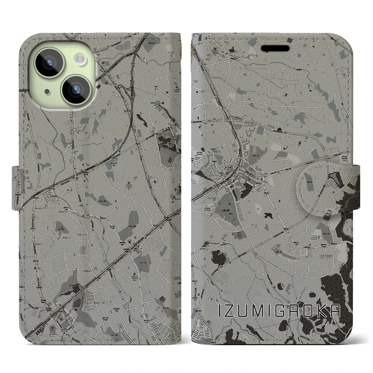 【泉ケ丘(大阪府)】地図柄iPhoneケース(手帳タイプ)モノトーン・iPhone 15 用