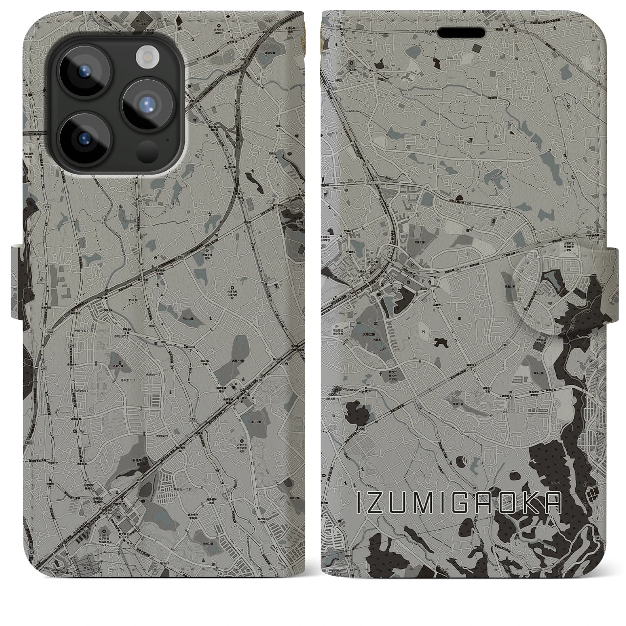 【泉ケ丘(大阪府)】地図柄iPhoneケース(手帳タイプ)モノトーン・iPhone 15 Pro Max 用