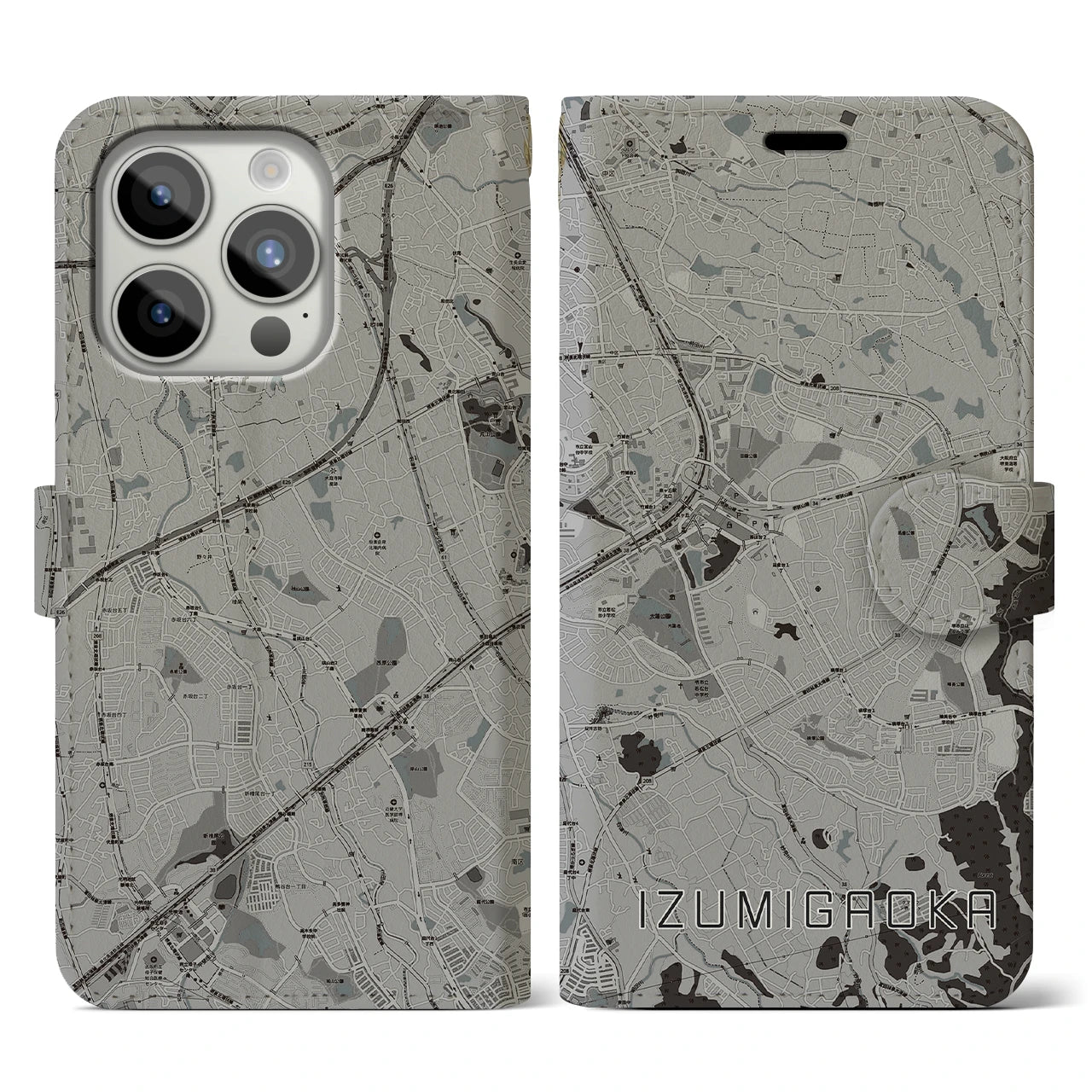 【泉ケ丘(大阪府)】地図柄iPhoneケース(手帳タイプ)モノトーン・iPhone 15 Pro 用