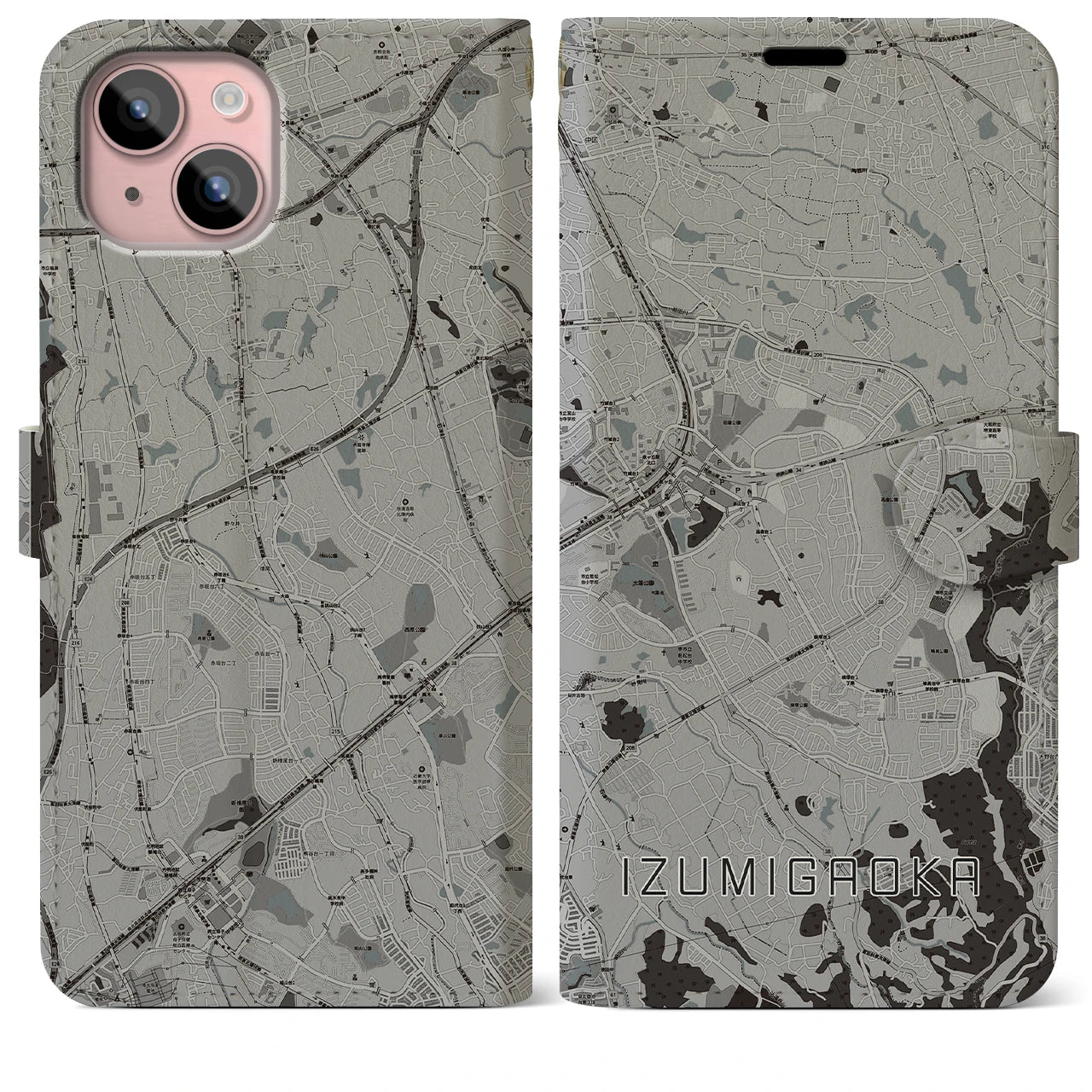 【泉ケ丘(大阪府)】地図柄iPhoneケース(手帳タイプ)モノトーン・iPhone 15 Plus 用