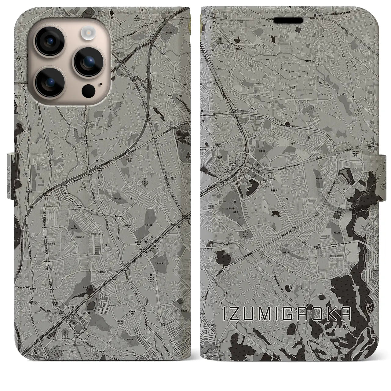 【泉ケ丘(大阪府)】地図柄iPhoneケース(手帳タイプ)モノトーン・iPhone 16 Plus 用