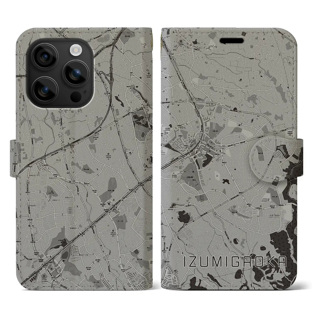 【泉ケ丘(大阪府)】地図柄iPhoneケース(手帳タイプ)モノトーン・iPhone 16 用