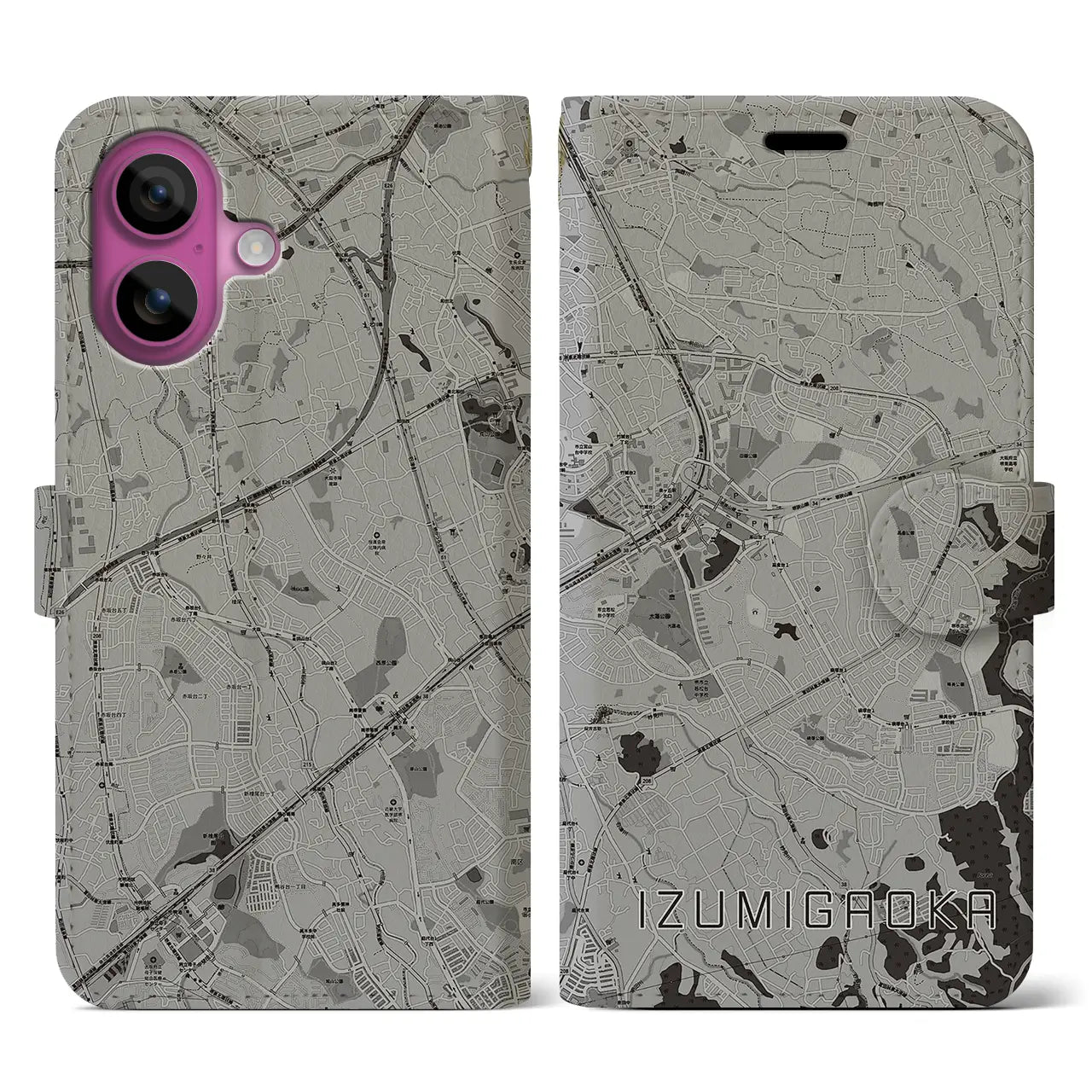 【泉ケ丘(大阪府)】地図柄iPhoneケース(手帳タイプ)モノトーン・iPhone 16 Pro 用
