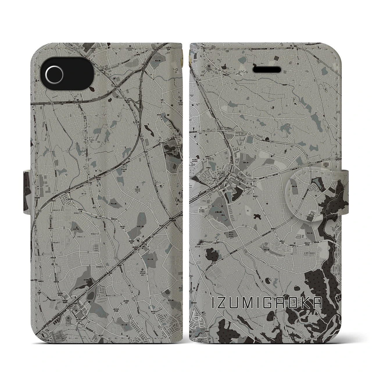 【泉ケ丘(大阪府)】地図柄iPhoneケース(手帳タイプ)モノトーン・iPhone SE(第3 / 第2世代) / 8 / 7 / 6s / 6 用