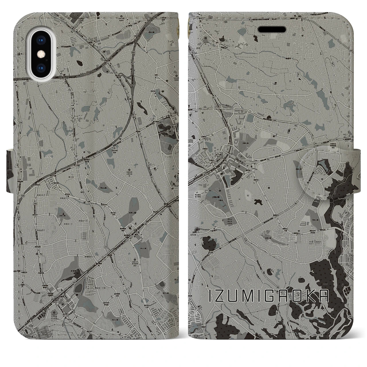 【泉ケ丘(大阪府)】地図柄iPhoneケース(手帳タイプ)モノトーン・iPhone XS Max 用