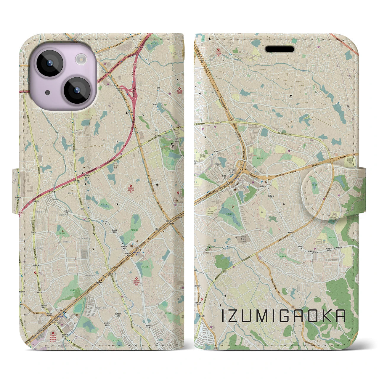 【泉ケ丘(大阪府)】地図柄iPhoneケース(手帳タイプ)ナチュラル・iPhone 14 用