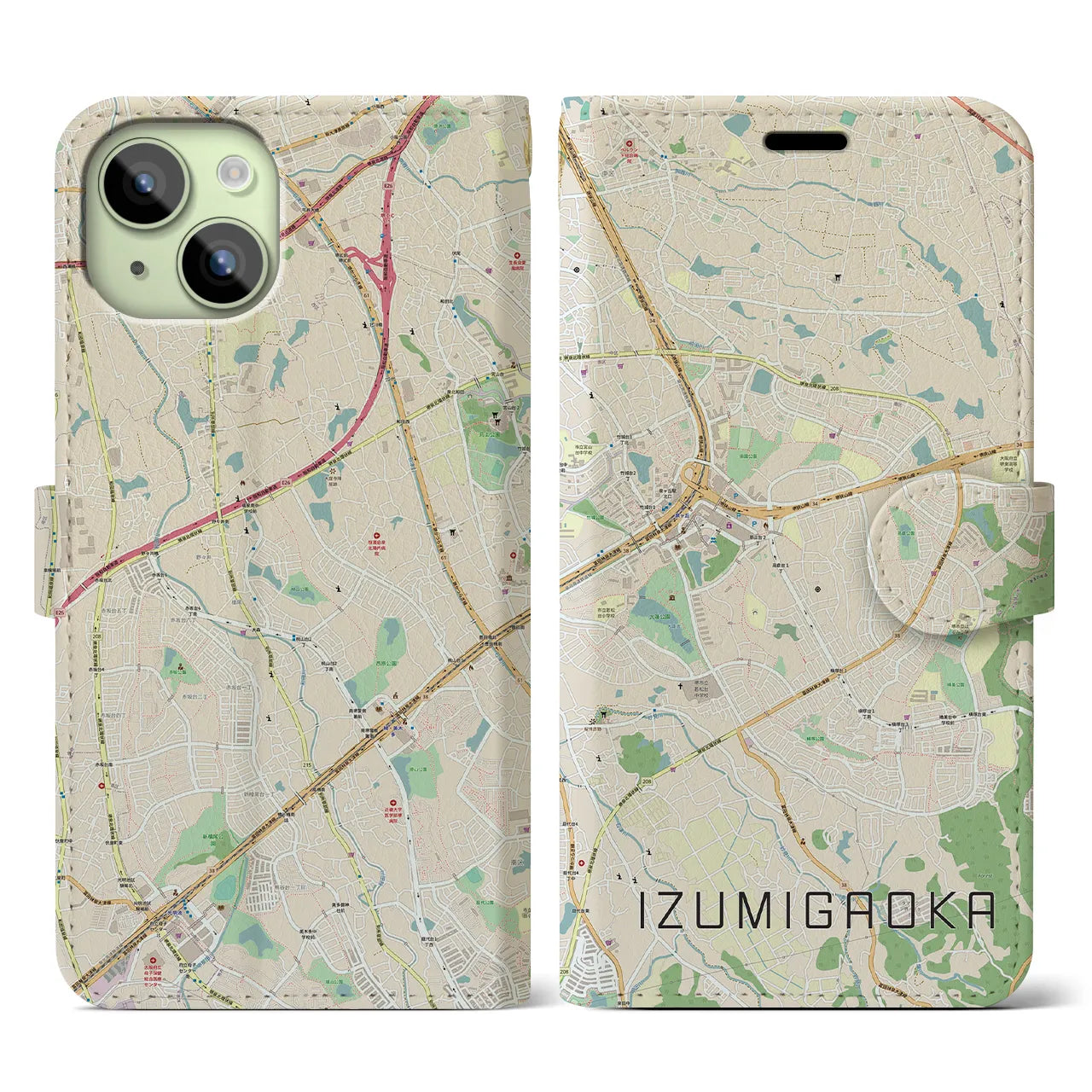 【泉ケ丘(大阪府)】地図柄iPhoneケース(手帳タイプ)ナチュラル・iPhone 15 用
