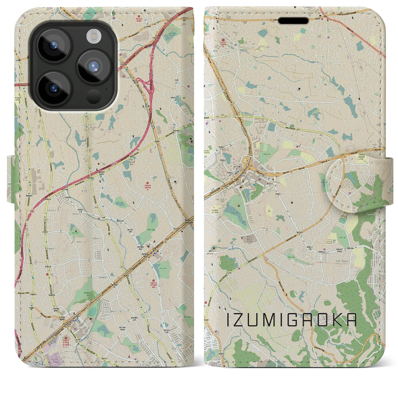 【泉ケ丘(大阪府)】地図柄iPhoneケース(手帳タイプ)ナチュラル・iPhone 15 Pro Max 用