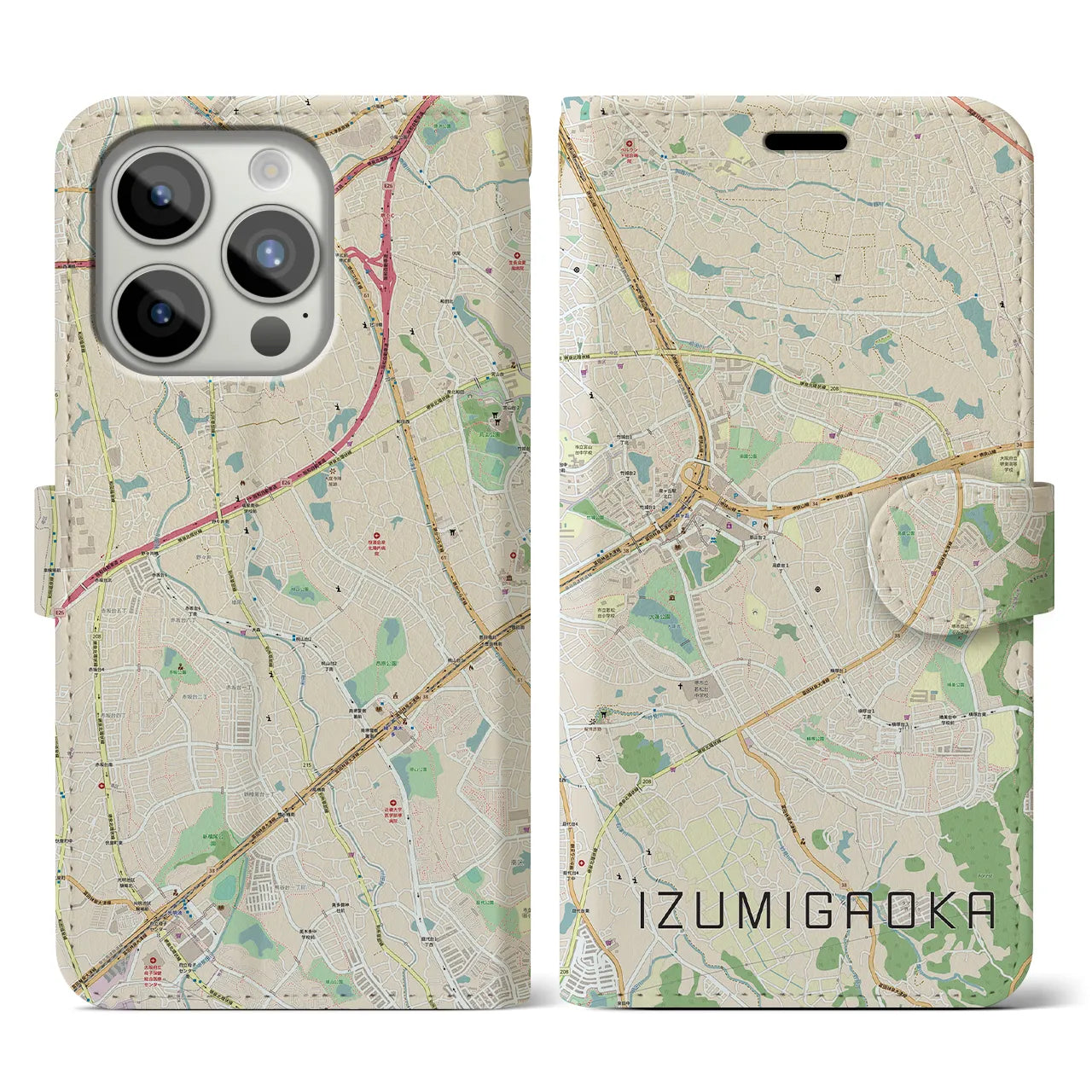 【泉ケ丘(大阪府)】地図柄iPhoneケース(手帳タイプ)ナチュラル・iPhone 15 Pro 用