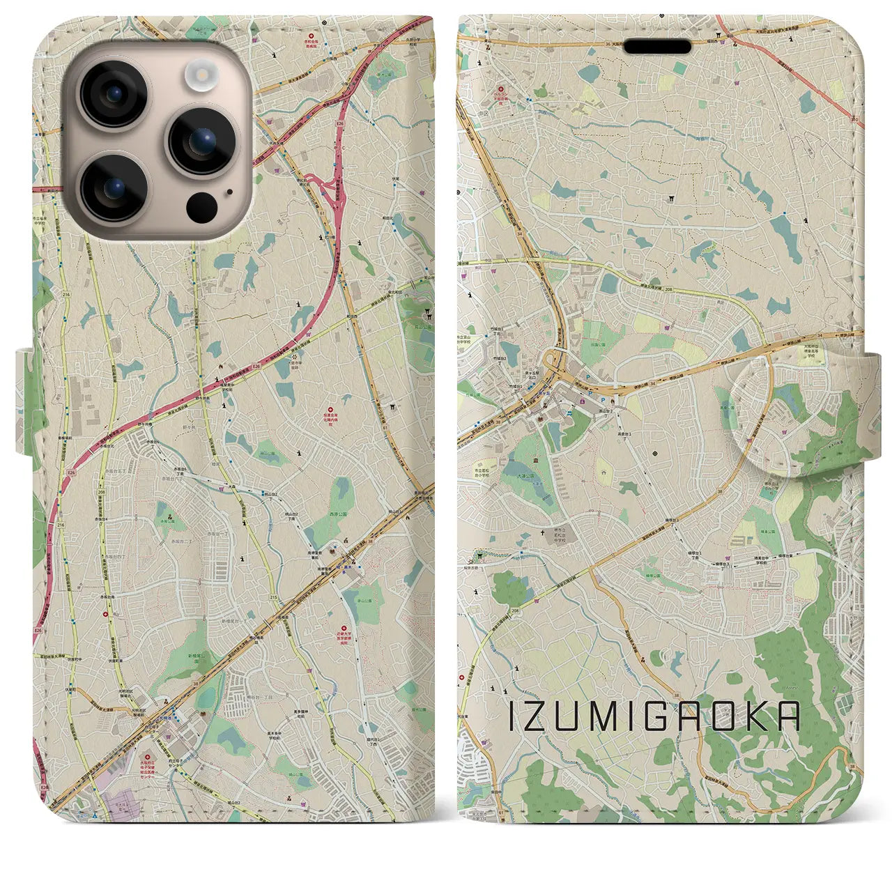 【泉ケ丘(大阪府)】地図柄iPhoneケース(手帳タイプ)ナチュラル・iPhone 16 Plus 用