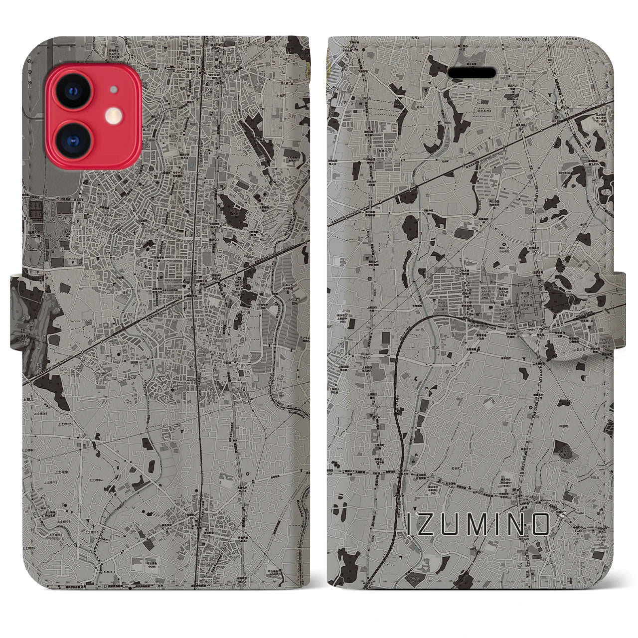 【いずみ野(神奈川県)】地図柄iPhoneケース(手帳タイプ)モノトーン・iPhone 11 用