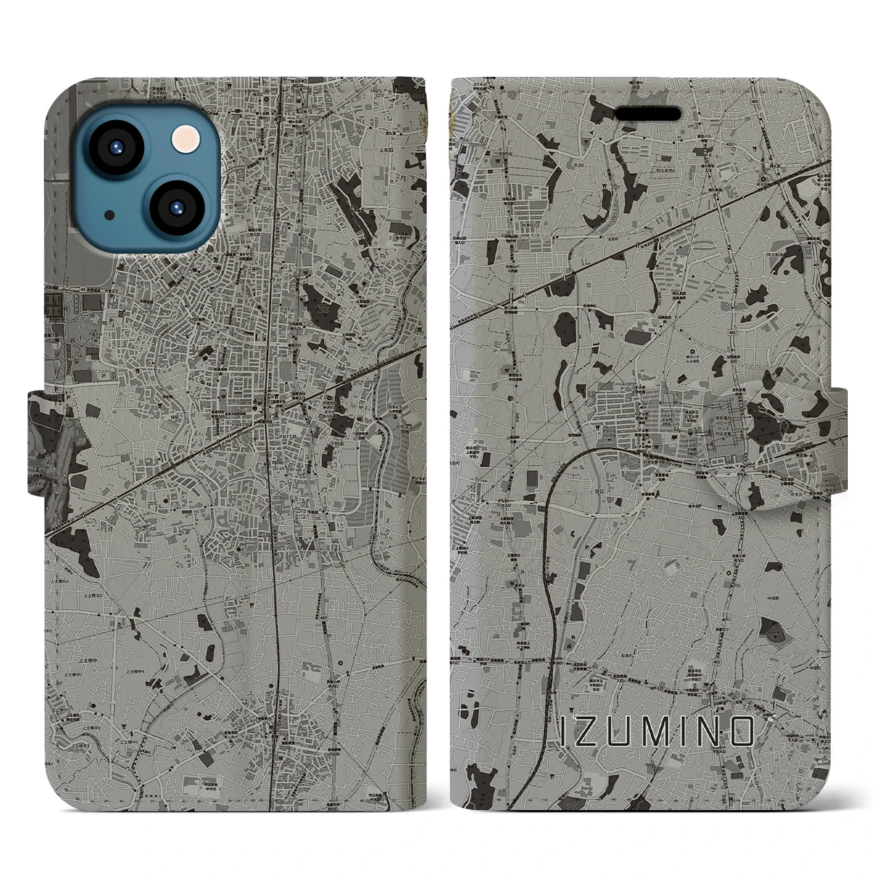 【いずみ野(神奈川県)】地図柄iPhoneケース(手帳タイプ)モノトーン・iPhone 13 用