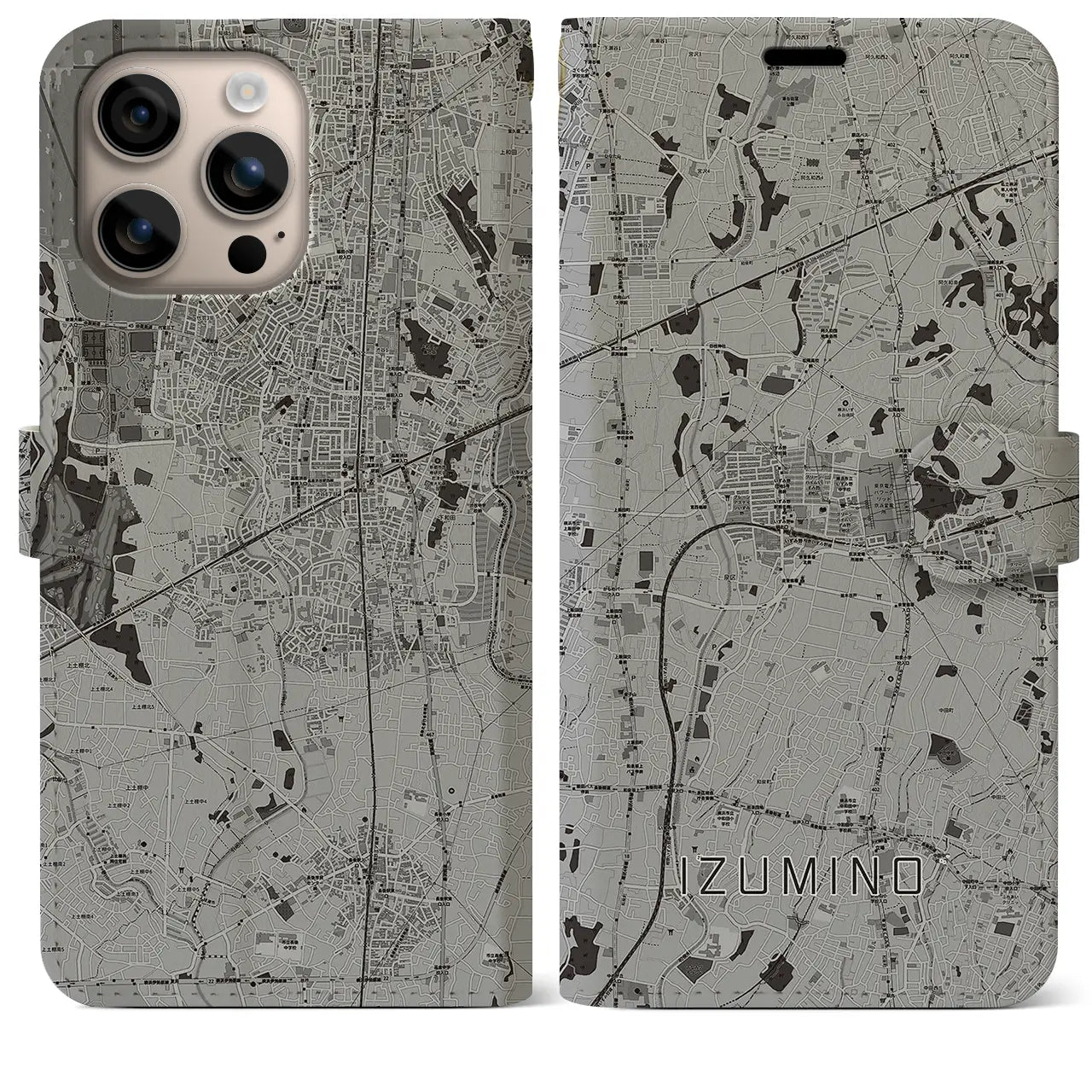 【いずみ野(神奈川県)】地図柄iPhoneケース(手帳タイプ)モノトーン・iPhone 16 Plus 用