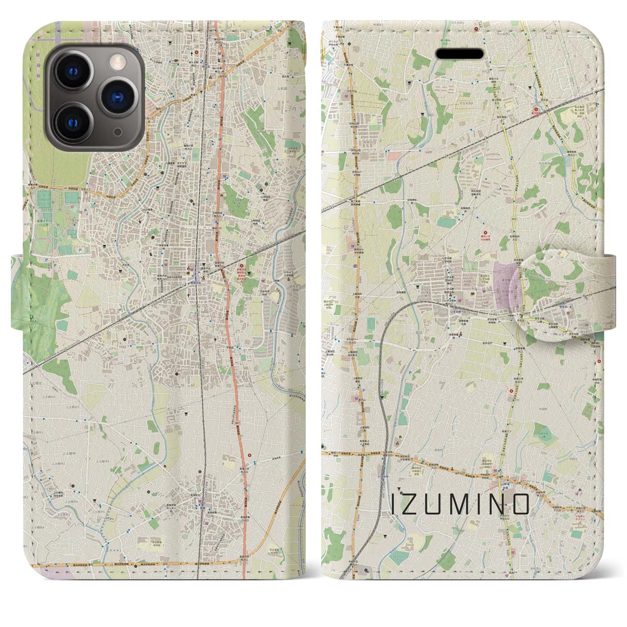 【いずみ野(神奈川県)】地図柄iPhoneケース(手帳タイプ)ナチュラル・iPhone 11 Pro Max 用