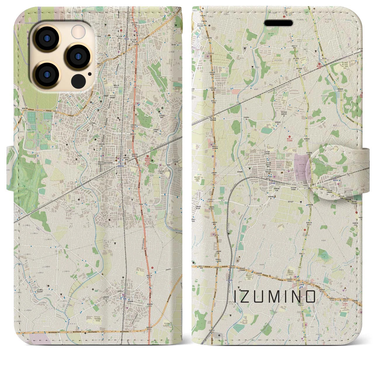 【いずみ野(神奈川県)】地図柄iPhoneケース(手帳タイプ)ナチュラル・iPhone 12 Pro Max 用