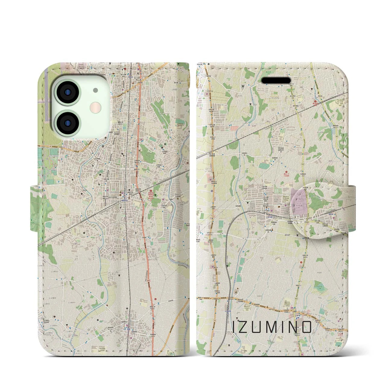 【いずみ野(神奈川県)】地図柄iPhoneケース(手帳タイプ)ナチュラル・iPhone 12 mini 用