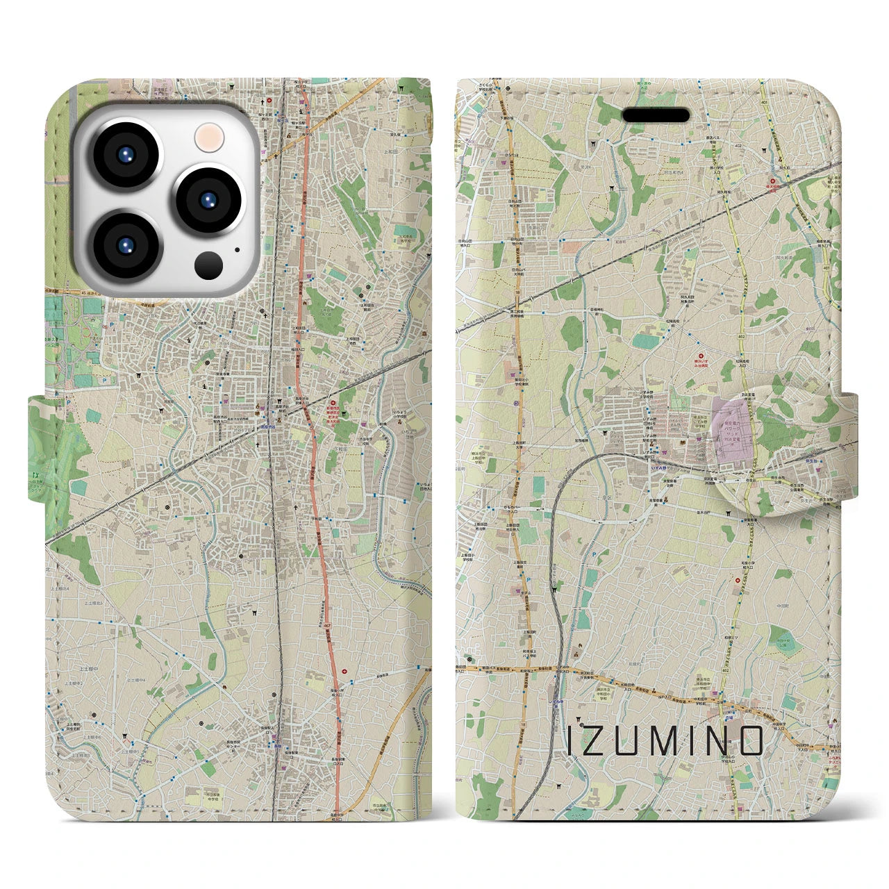 【いずみ野(神奈川県)】地図柄iPhoneケース(手帳タイプ)ナチュラル・iPhone 13 Pro 用